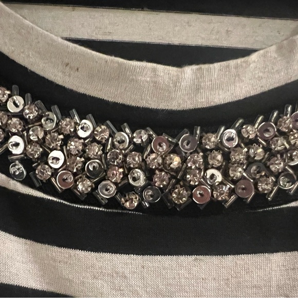 Cream and Black Striped, Short sleeve top, with jeweled collar, Size L - Picture 3 of 5